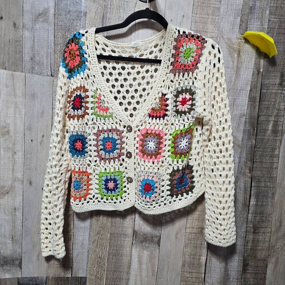 Debut Granny Square Crochet Knit Cardigan Medium Retro Hippie Boho Trendy Modern